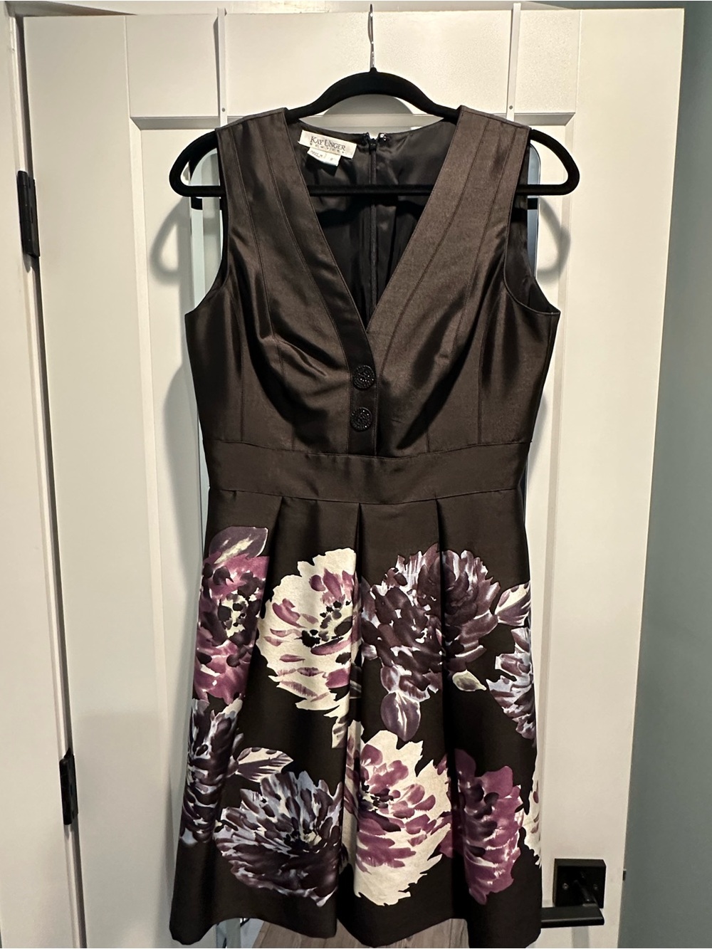 Vintage Kay Unger Black Floral Satin V-Neck Fit & Flare Dress Size 8